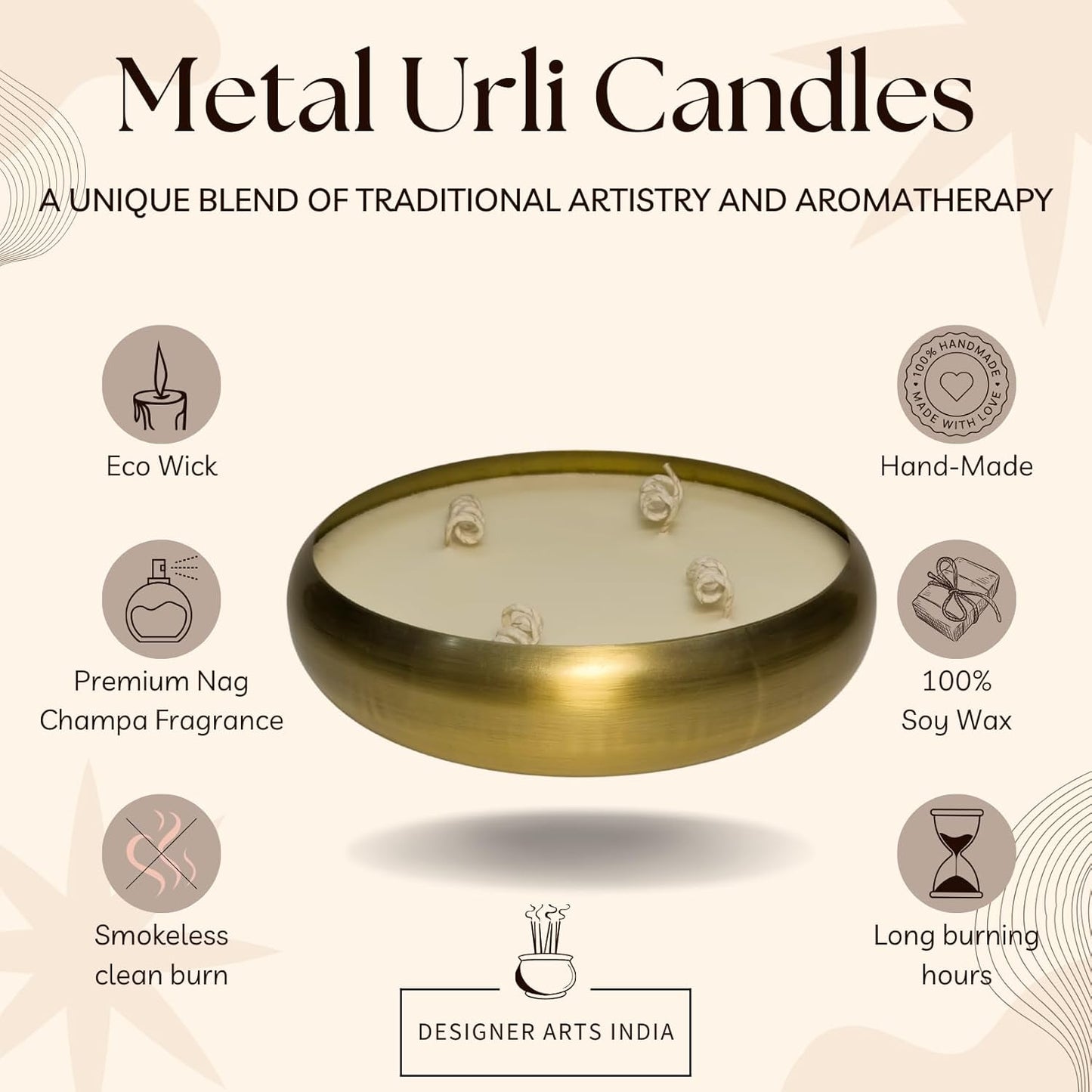 Designer Arts India Nag Champa 100% Soy Wax Candle in Urli Bowl – 4 Sizes to Choose | Hand-Poured, Eco-Friendly for Aromatherapy, Meditation | Luxury Home Decor, Diwali Gifts (4 Options)