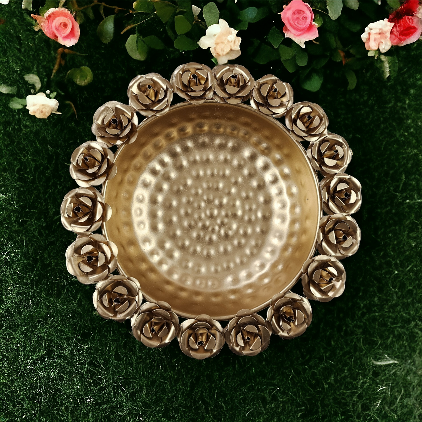 Golden Rose Metal Urli- Traditional Decor & Floral Bowl