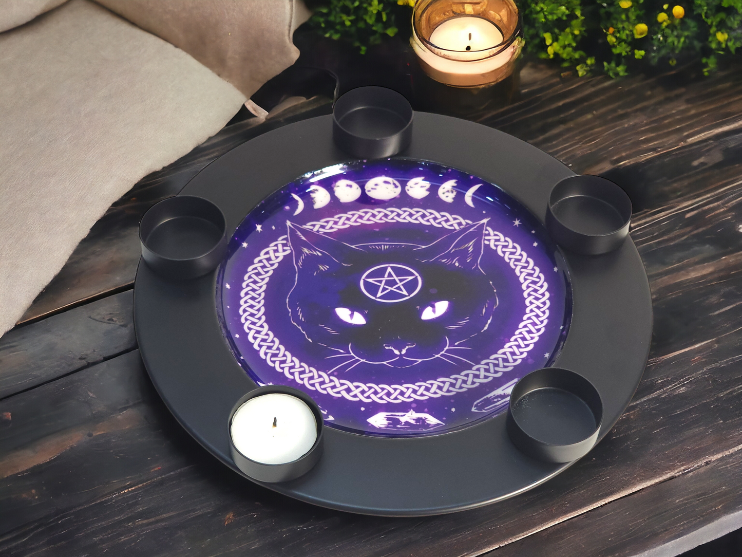 Wiccan Altar Candle Plate – Black | Cat, Moon Phase & Pentagram Design