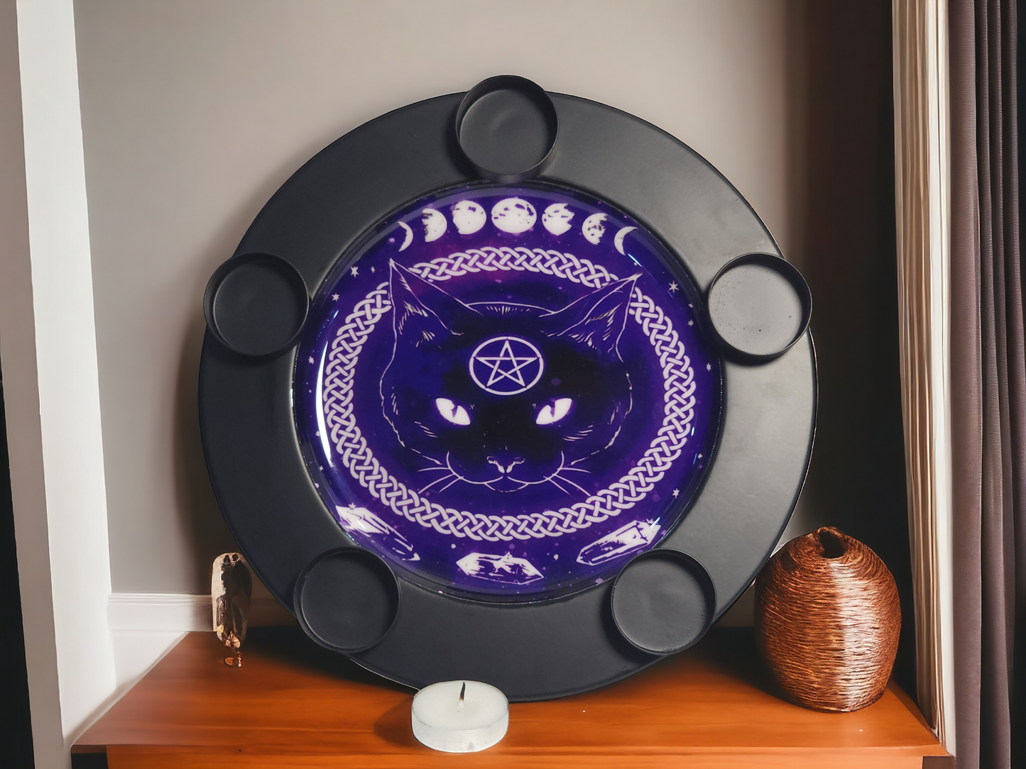 Wiccan Altar Candle Plate – Black | Cat, Moon Phase & Pentagram Design