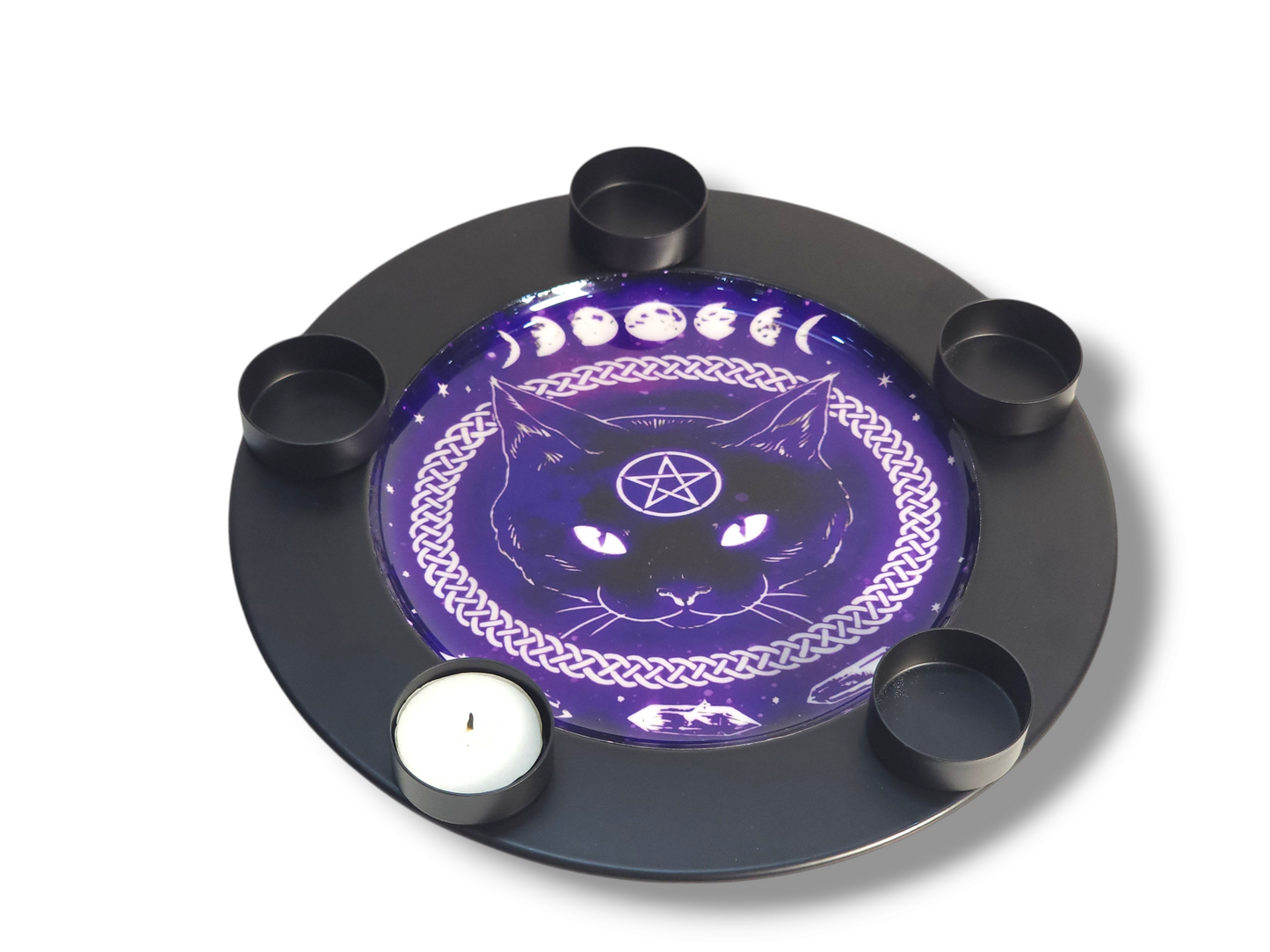 Wiccan Altar Candle Plate – Black | Cat, Moon Phase & Pentagram Design