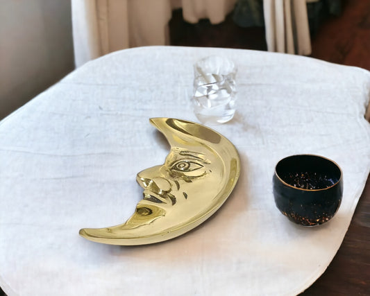 Boho Celestial Brass Tray: Handcrafted Crescent Moon Design