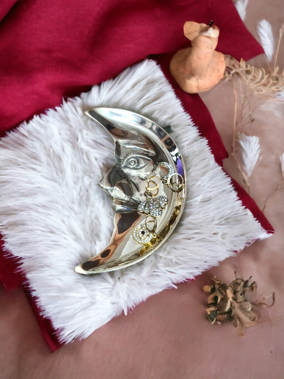 Boho Celestial Brass Tray: Handcrafted Crescent Moon Design