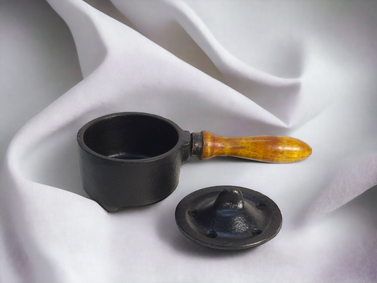 Small Cast Iron Cauldron with Wooden Handle - Perfect for Smudging, Incense Burner, Sage & Palo Santo Burner for Home Indoor/Outdoor Decor Iron T Light Holder