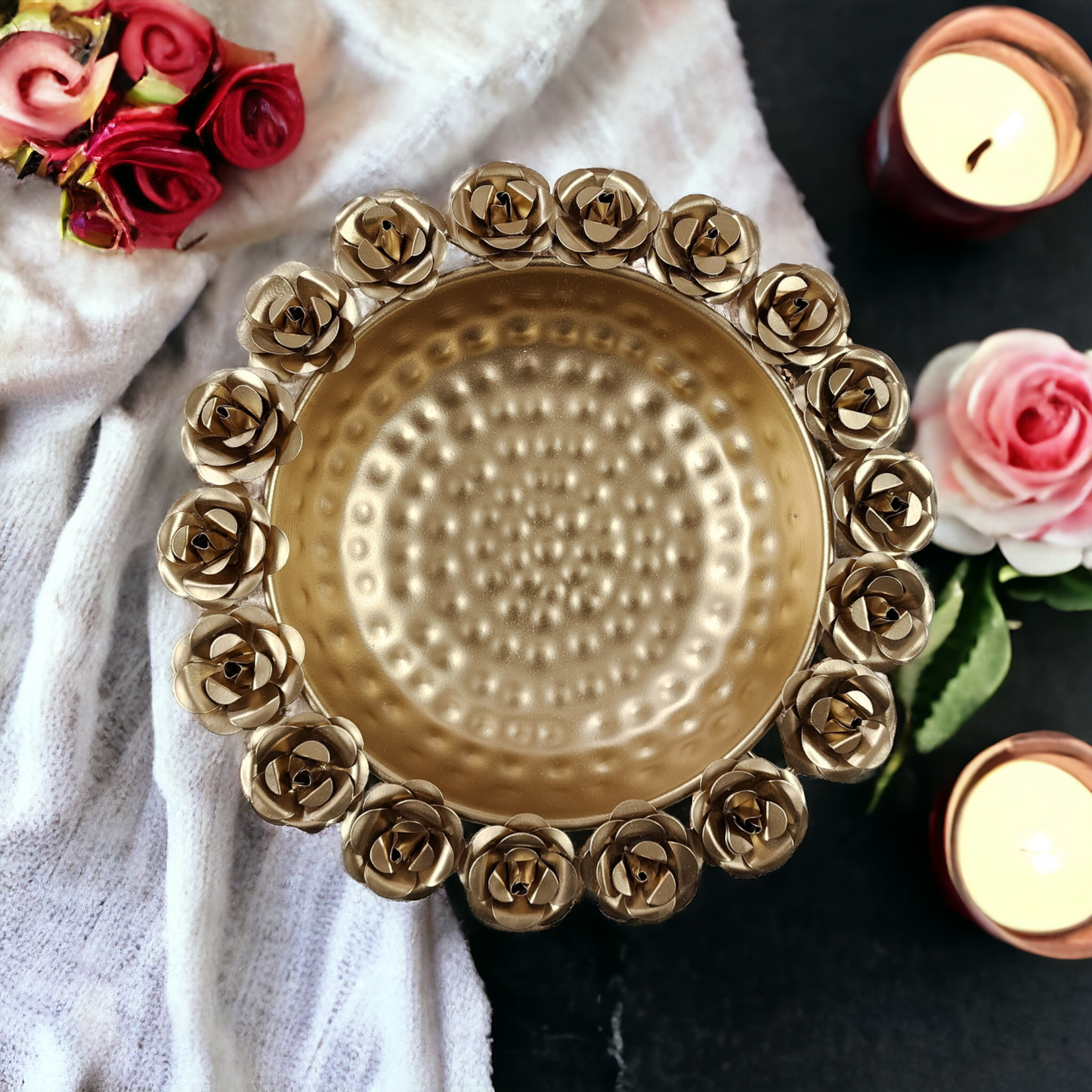 Golden Rose Metal Urli- Traditional Decor & Floral Bowl