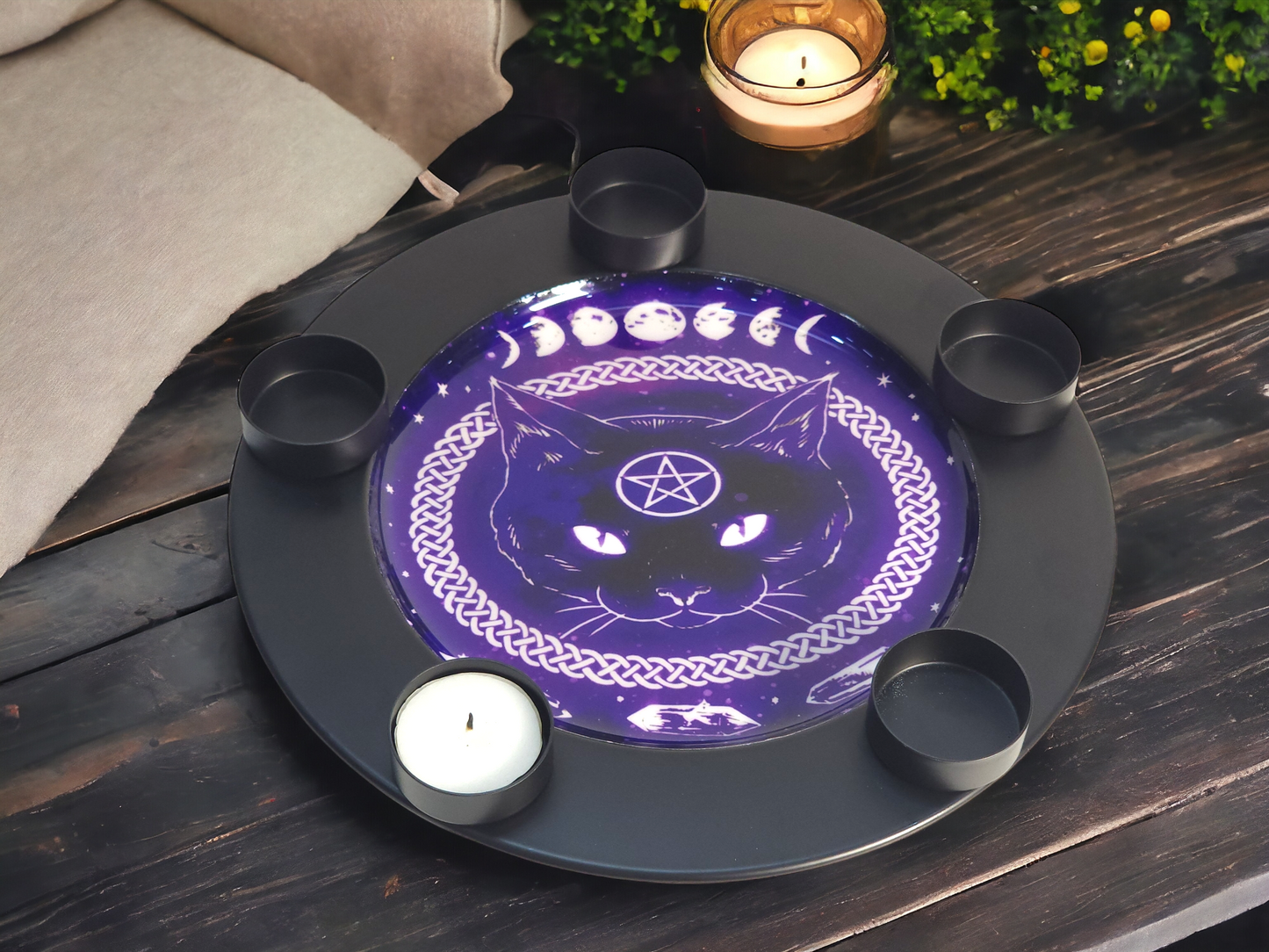 Wiccan Candle Plate – Black | Cat, Moon Phase & Pentagram Design