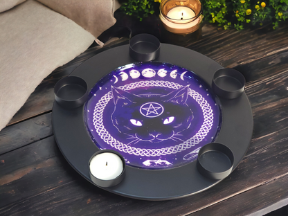 Wiccan Candle Plate – Black | Cat, Moon Phase & Pentagram Design