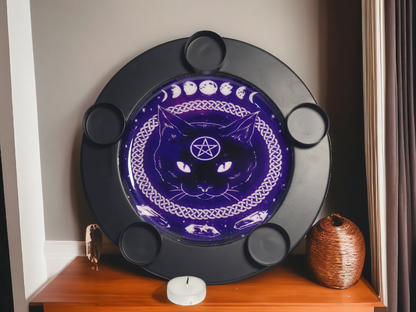 Wiccan Candle Plate – Black | Cat, Moon Phase & Pentagram Design