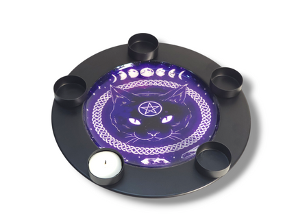 Wiccan Candle Plate – Black | Cat, Moon Phase & Pentagram Design