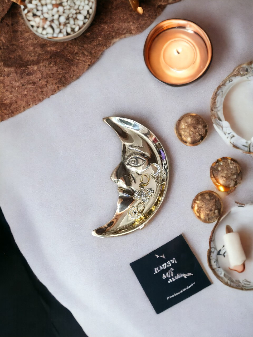 Boho Celestial Brass Tray: Handcrafted Crescent Moon Design